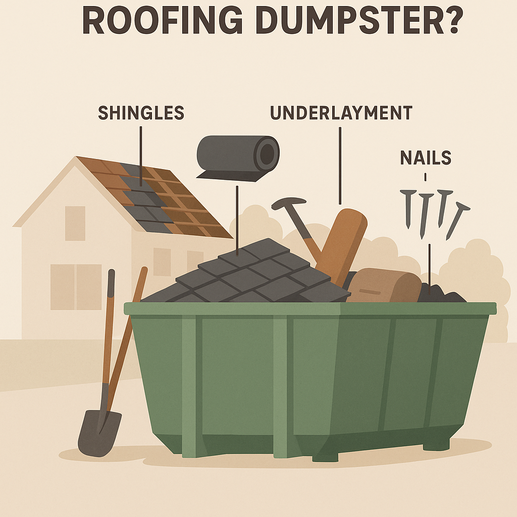 dumpster rental filled with roofing materials